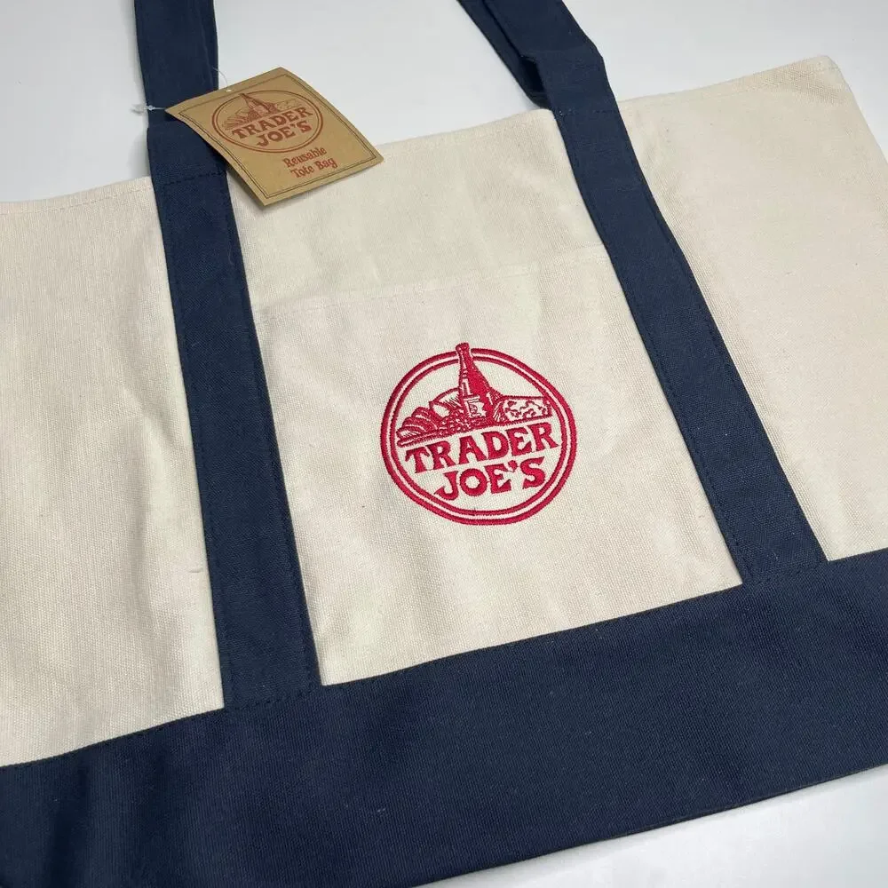 Set of 4! — Trader Joe’s Canvas Tote Bags — Large Size NAVY BLUE + Mini PASTELS!